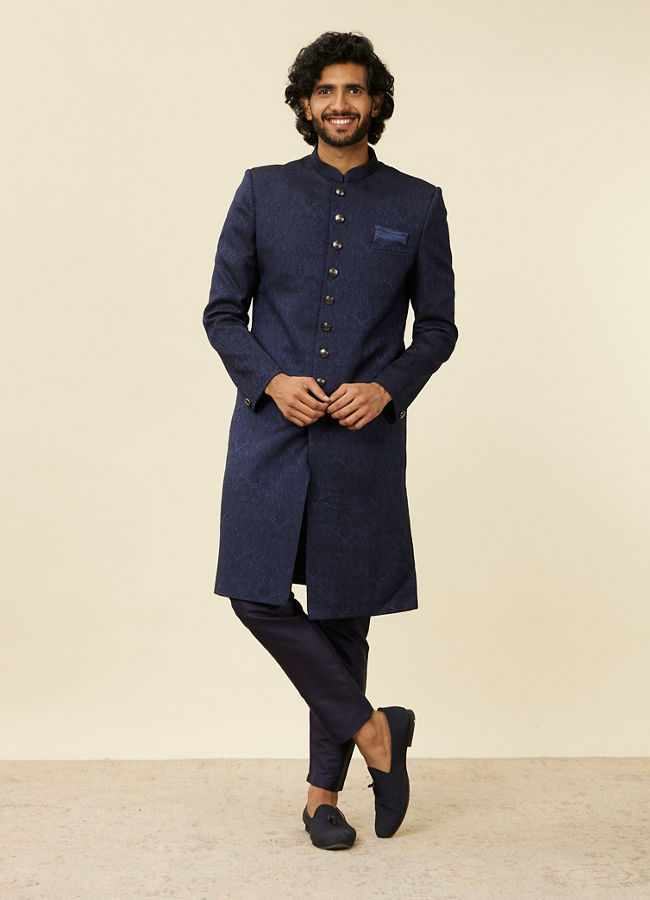 alt message - Manyavar Men Dark Blue Medallion Patterned Achkan Style Sherwani Set image number 2